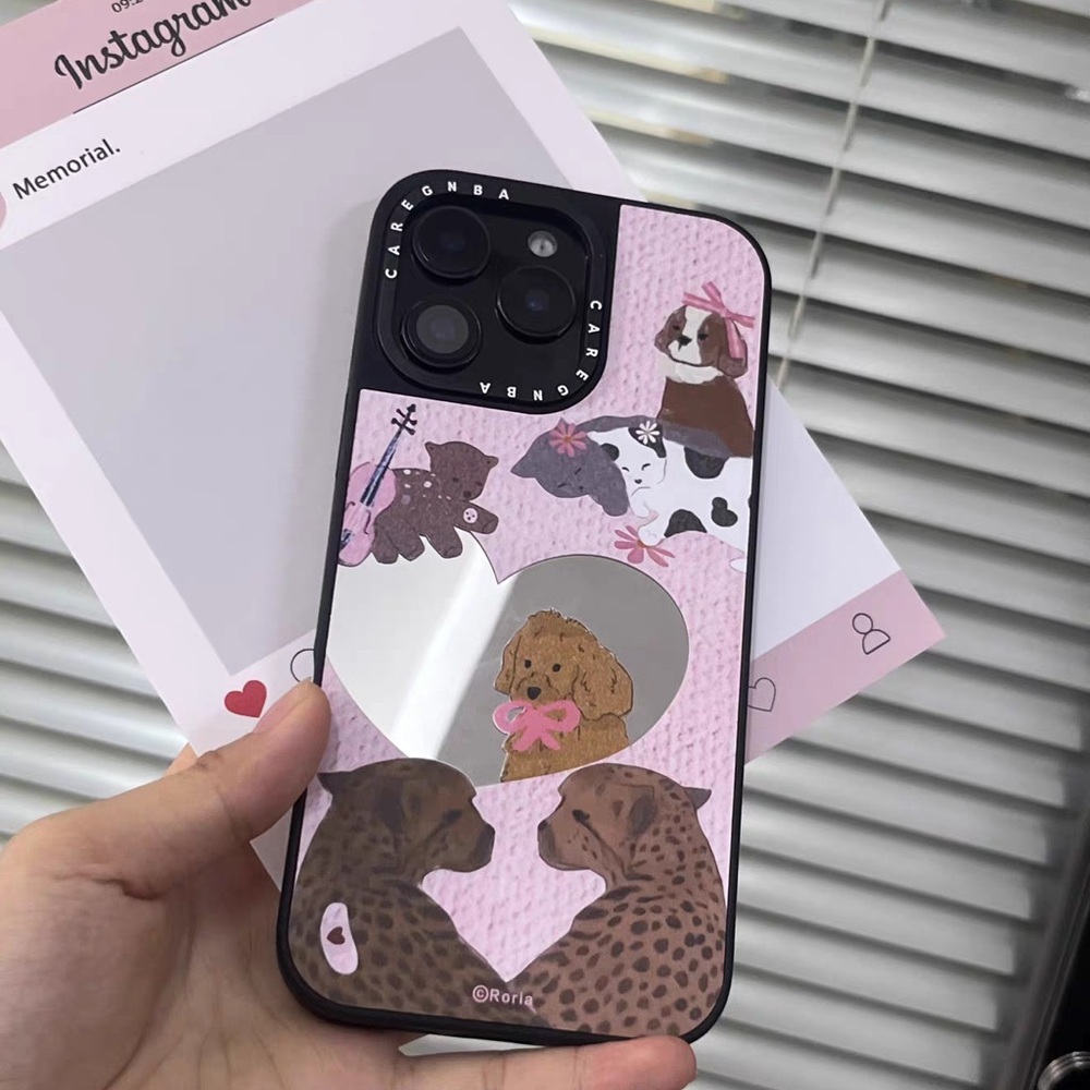 Pink Puppy Pattern Protective Phone Case with Heart Mirror